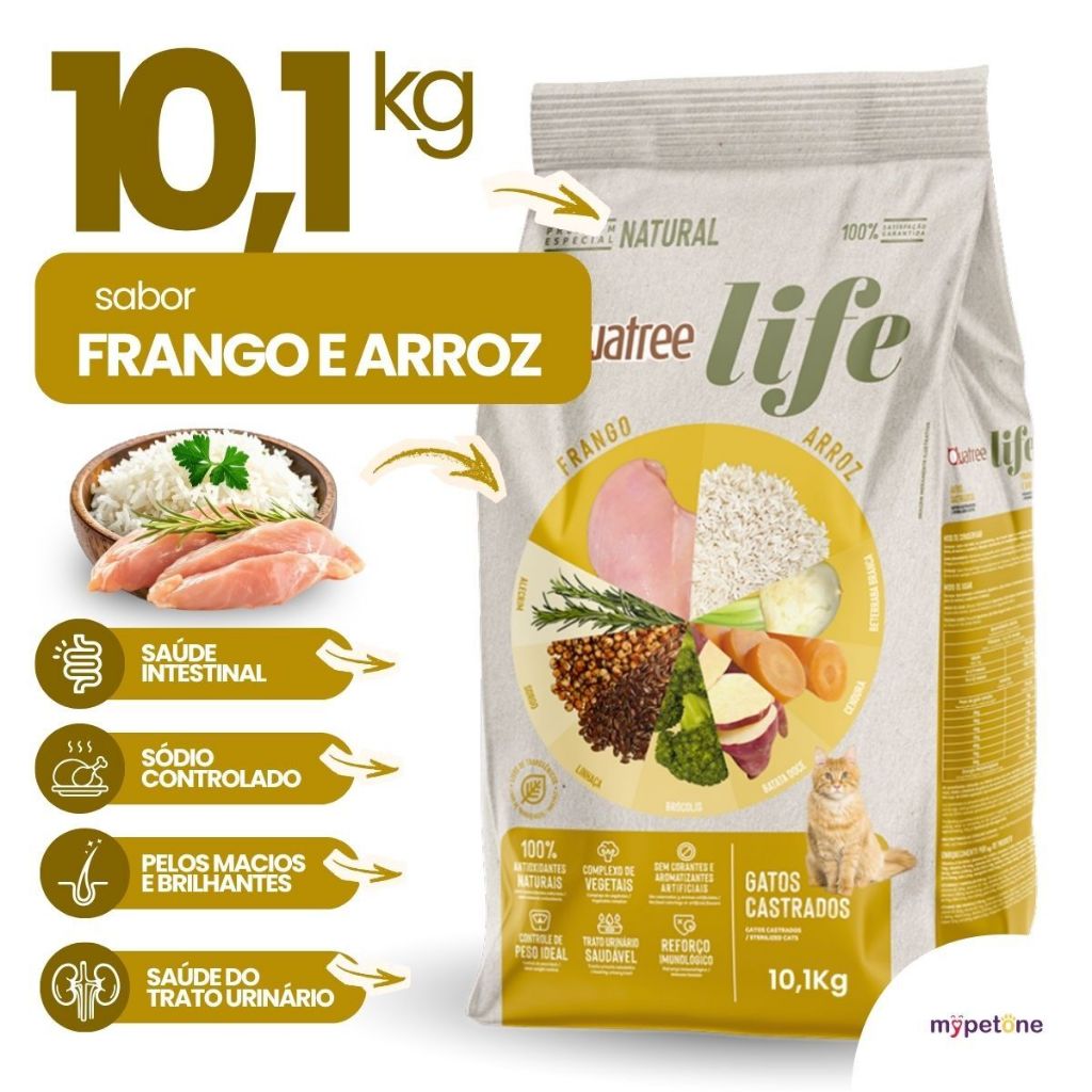 Ração Quatree Life Gatos Adultos Castrados Frango e Arroz 3kg e 10,1Kg