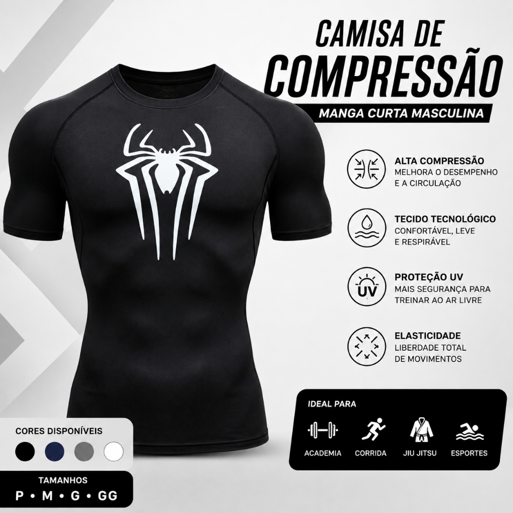 Camisa de Compressão Masculina Manga Curta Academia Treino Jiu Jitsu Corrida UV50+Ar