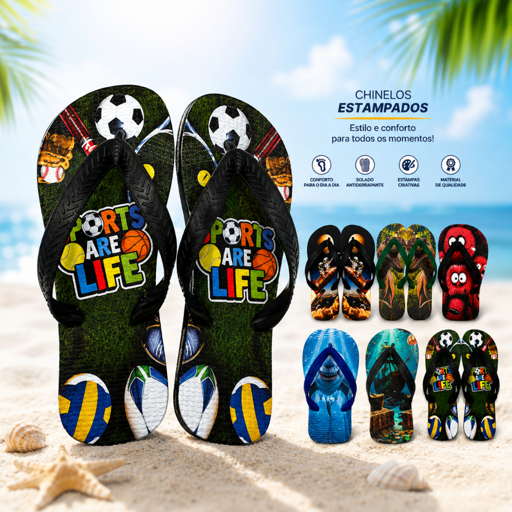 Chinelo Infantil Estampado Menino Confortável Colorido Várias Estampas Verão Praia Casual Leve Moda Infantil Calçado