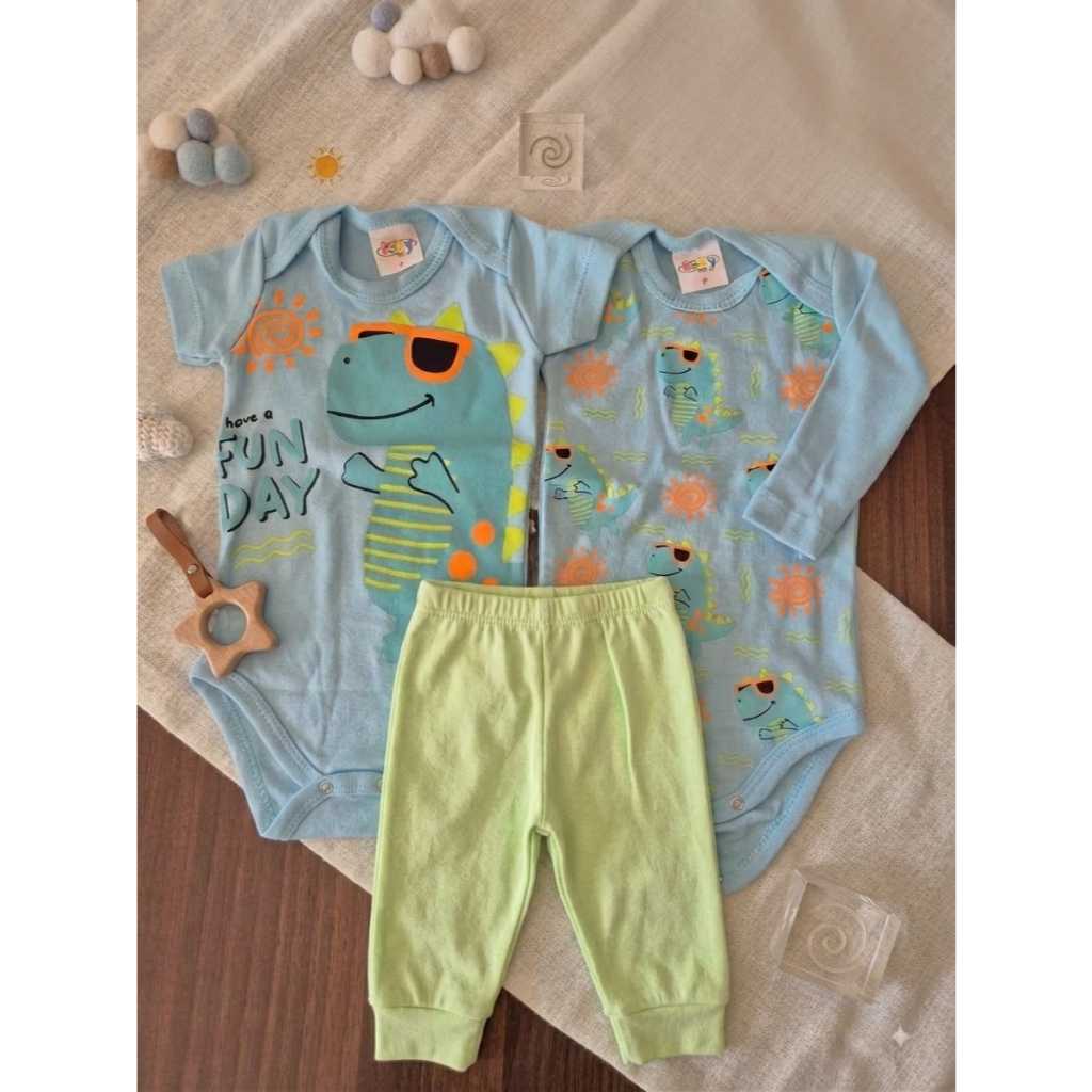 Conjunto MENINO  Bebê Trio 3 pçs Algodão Body Manga Curta, Body Manga Longa, Calça ESTAMPAS E CORES SORTIDAS