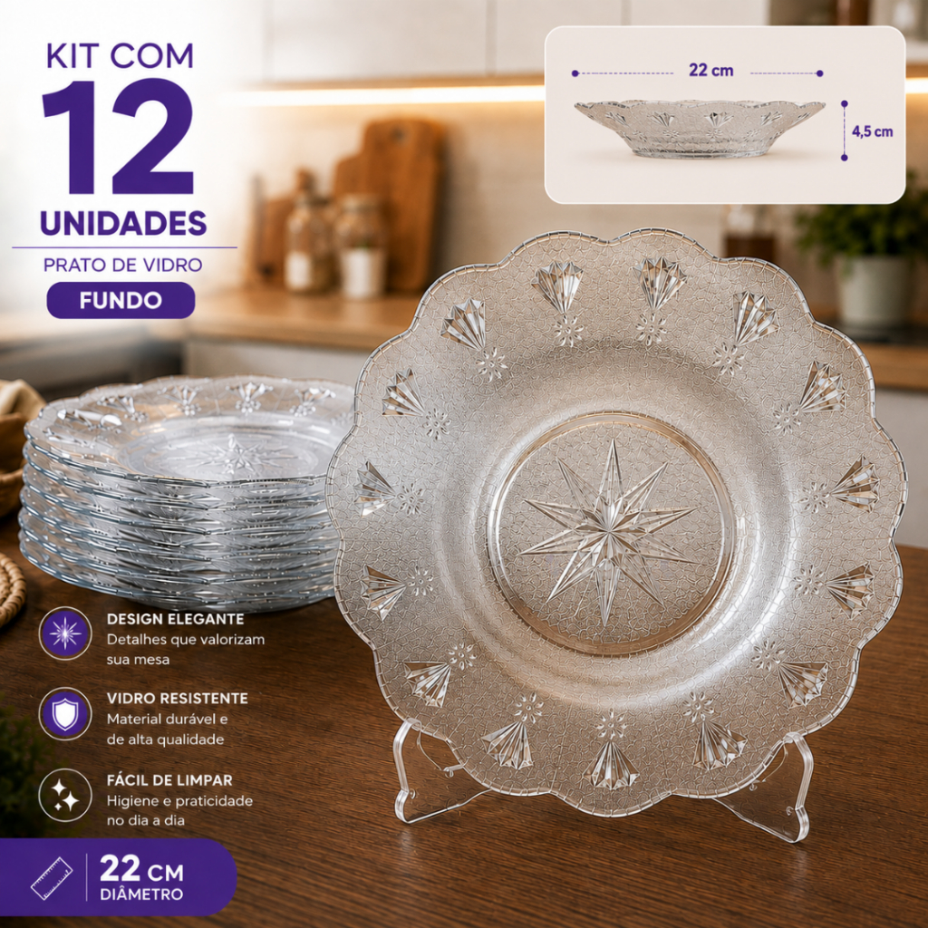 Kit 12 Pratos De Vidro Fundo Egipcio 22 Cm Design Moderno Com Borda Ondulada