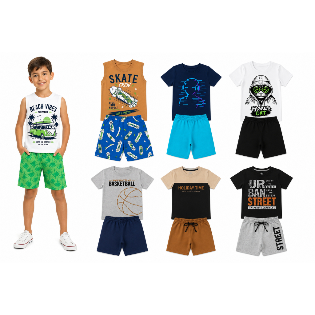 Conjunto Infantil Menino Verão Sortido Kit 7 Conjuntos Masculinos Camisetas Regatas Shorts atacado roupa menino 14 peças