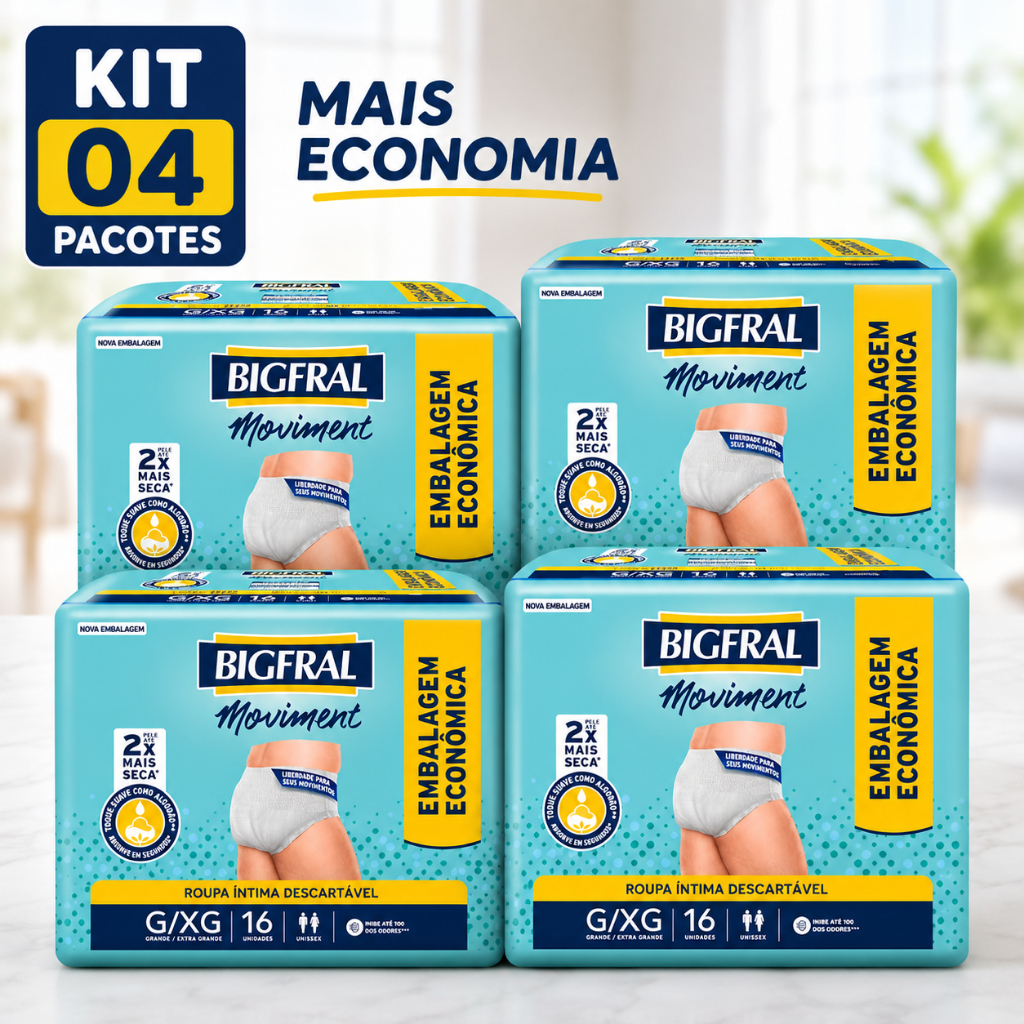 04 Pacotes Roupa Íntima Bigfral Moviment G/XG 16 Unidades - 64 Fraldas - 1 Fardo Fechado