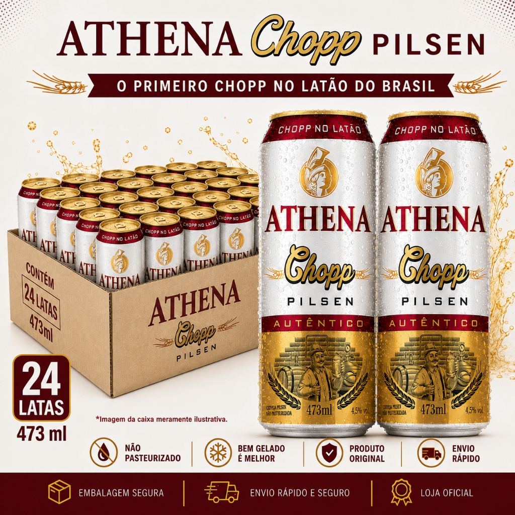 Chopp Athena Pilsen 473ml Cerveja Não Pasteurizada Kit 12 ou 24 Latas Primeiro Chopp no Latão do Brasil — imagem 2 de 2