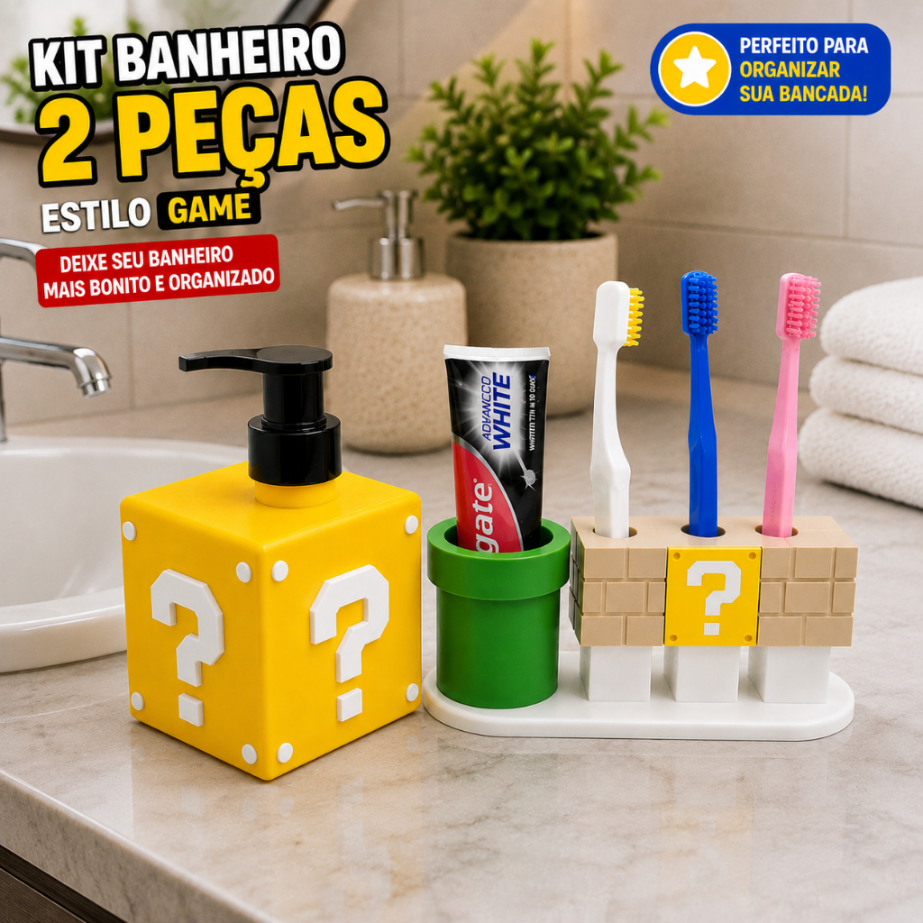 Kit Banheiro 2 Peças Dispenser Sabonete Líquido Porta Escovas de Dente Estilo Game Bloco Interrogação Organizador Infant