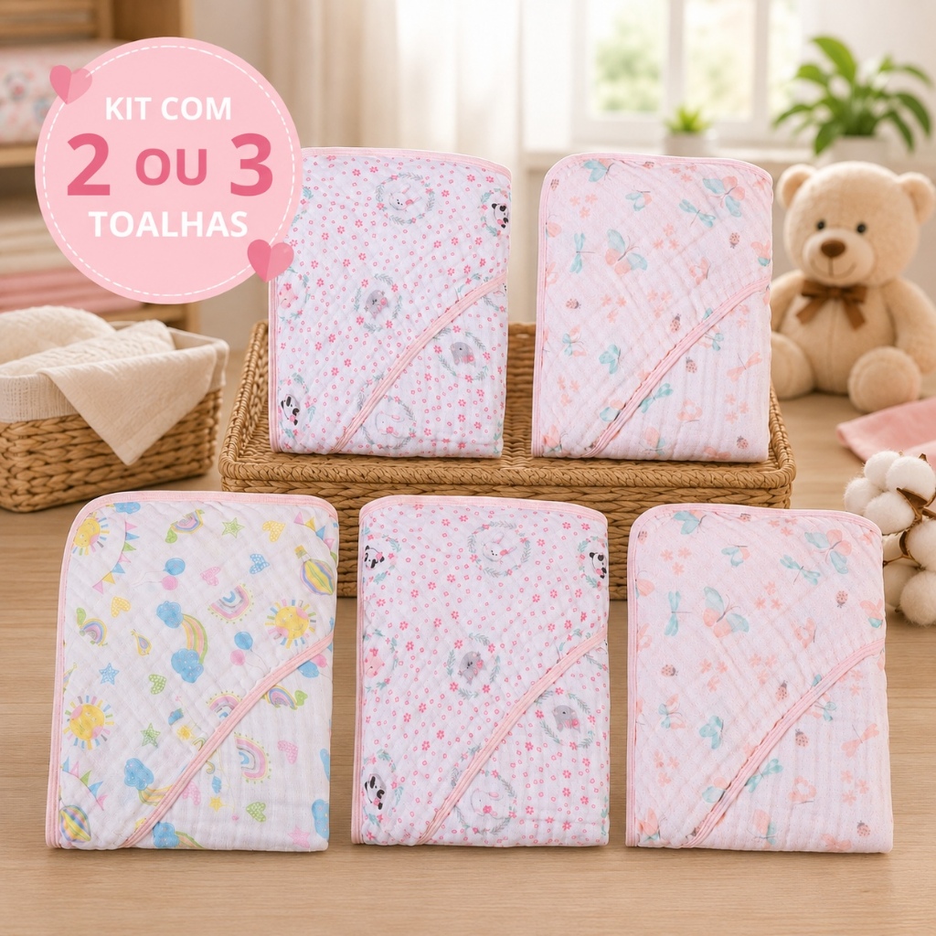 KIT COM 2 OU 3 TOALHA DE BANHO BEBÊ SOFT 2 CAMADAS COM CAPUZ - PAPI KARINHO OU MINASREY