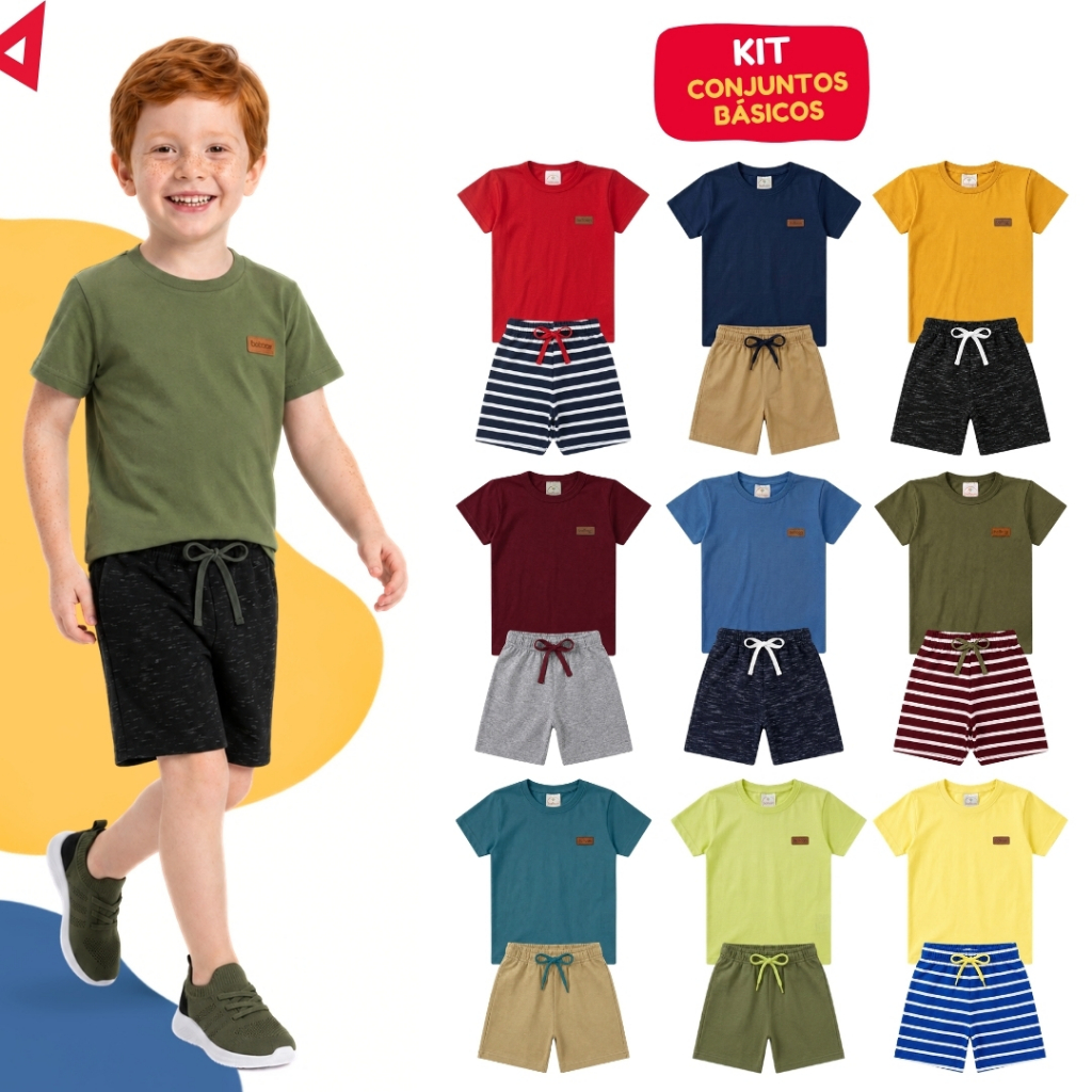 Kit Básico 10 Peças Roupa Infantil Menino Verão Conjunto Liso Masculino Algodão 1 ao 14