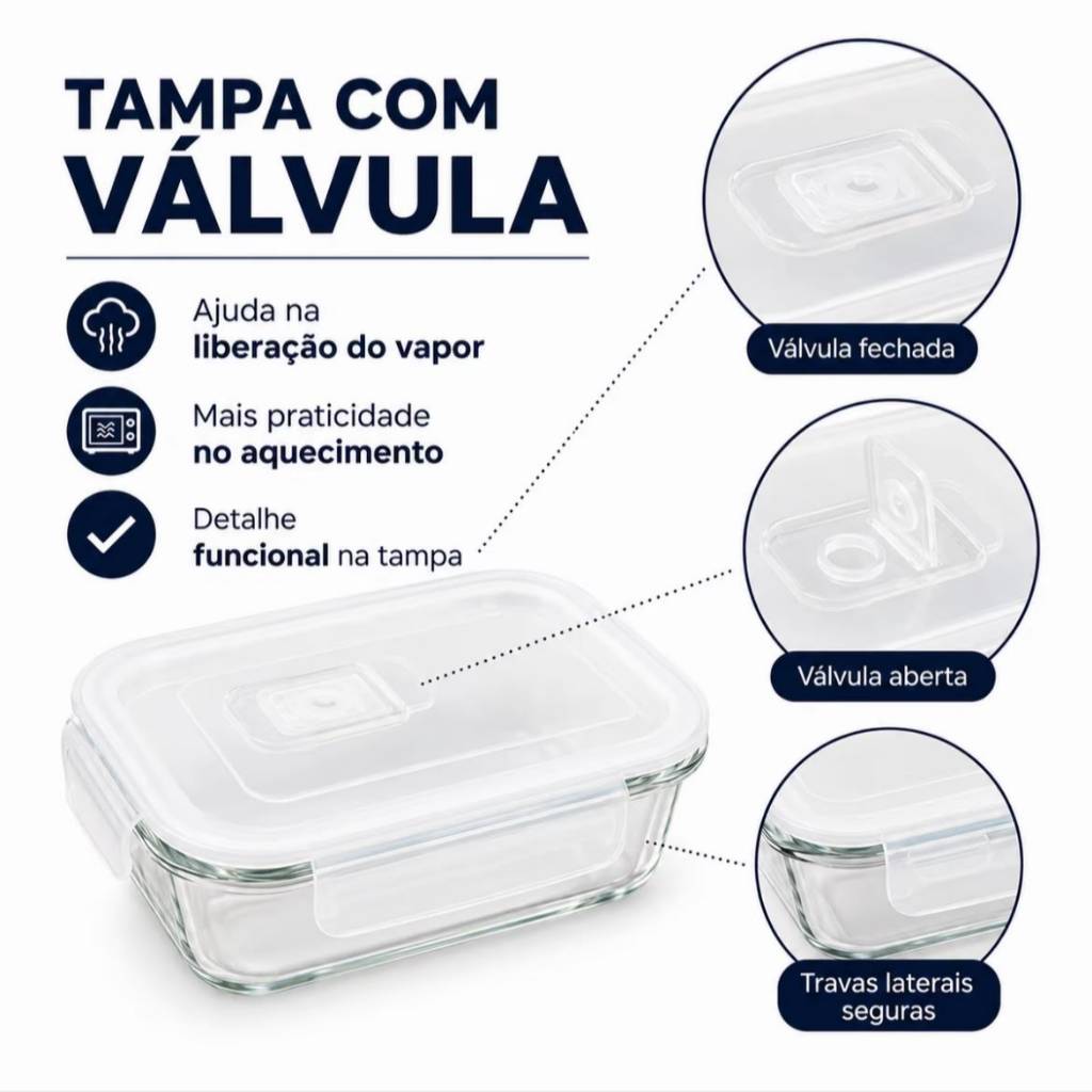 KIT 3 Potes Heremeticos de Vidro 370ml, 640ml e 1040ml Marmita, Frezzer, Micro-ondas, Forno. — imagem 2 de 2