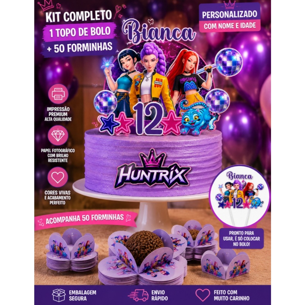 Kit Topo de Bolo Huntrix Guerreiras do K POP Personalizado + 50 Forminhas para Doces