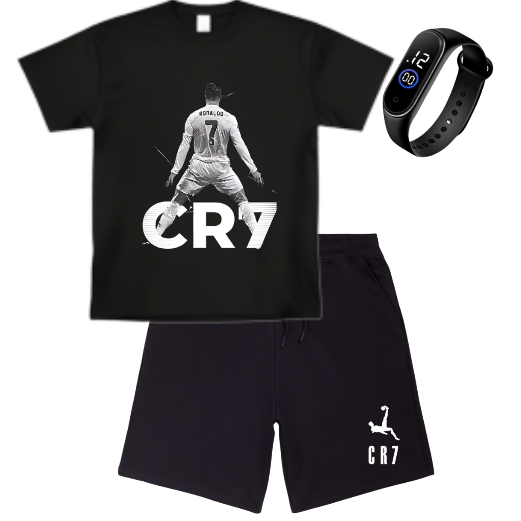 Kit Infantil 2 peças Com 1 Camiseta e 1 Short Moletom Do CR7 Conjunto Bermuda Moletom Camisa Jogador Cristiano Ronaldo