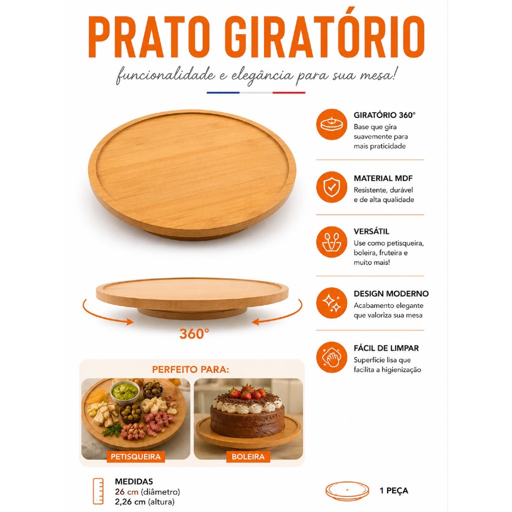 Tabua Petisqueira Com Base Giratoria 360° Tábua de Frios Petiscos Giratória Prato Giratório Bandeja