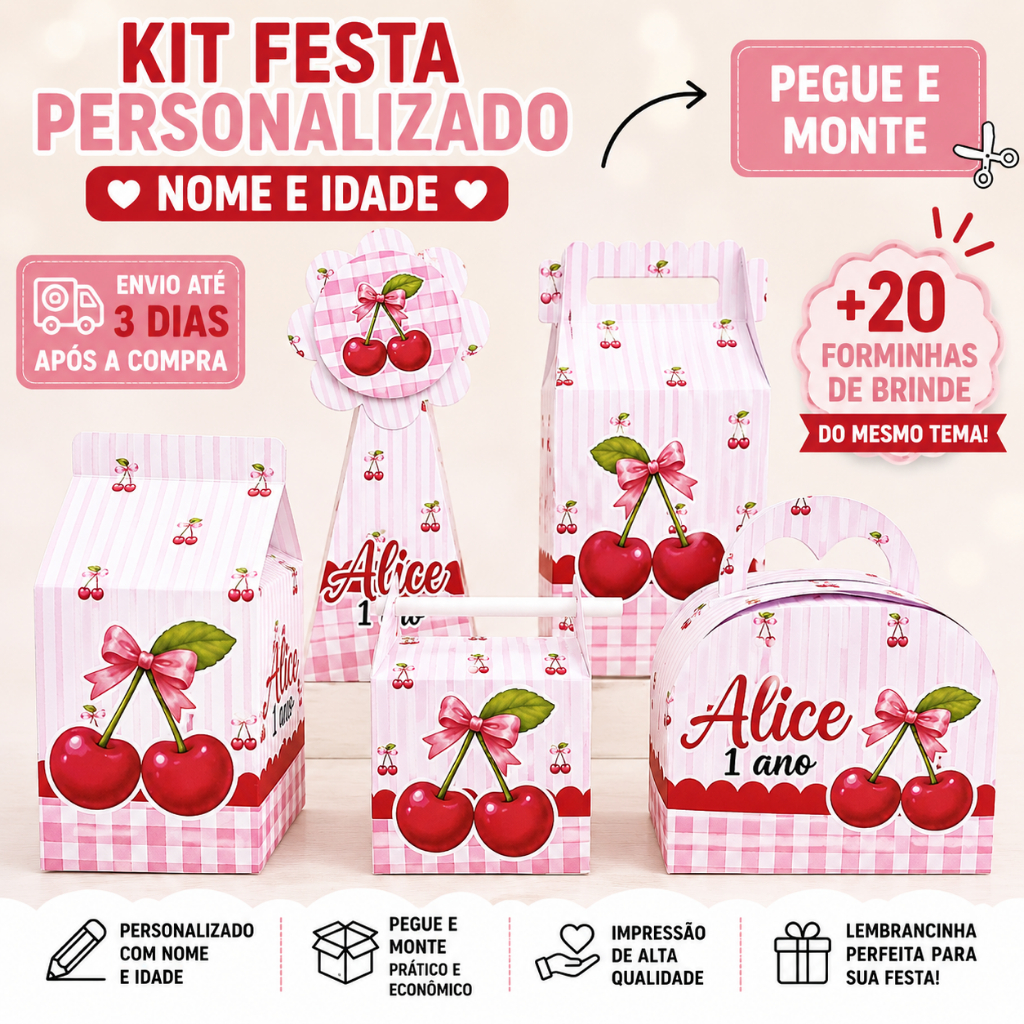 Kit de Caixas Cerejinha Personalizadas PEGUE E MONTE + BRINDE 20 FORMINHAS | Lembrancinha Festa Aniversário | KIT FESTA