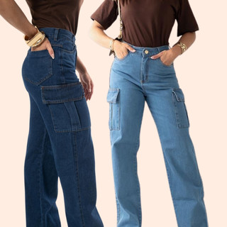 Calça Jeans Wide Leg Cargo Feminina Cintura Alta Com Bolso Lateral Calça Wide Leg 38 ao 46 Moda