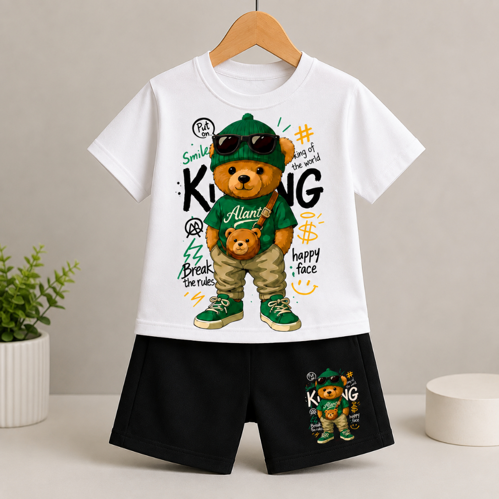 Conjunto Infantil Camiseta de Algodão e Short Moletinho Urso Estiloso Casual Infanto Juvenil Menino