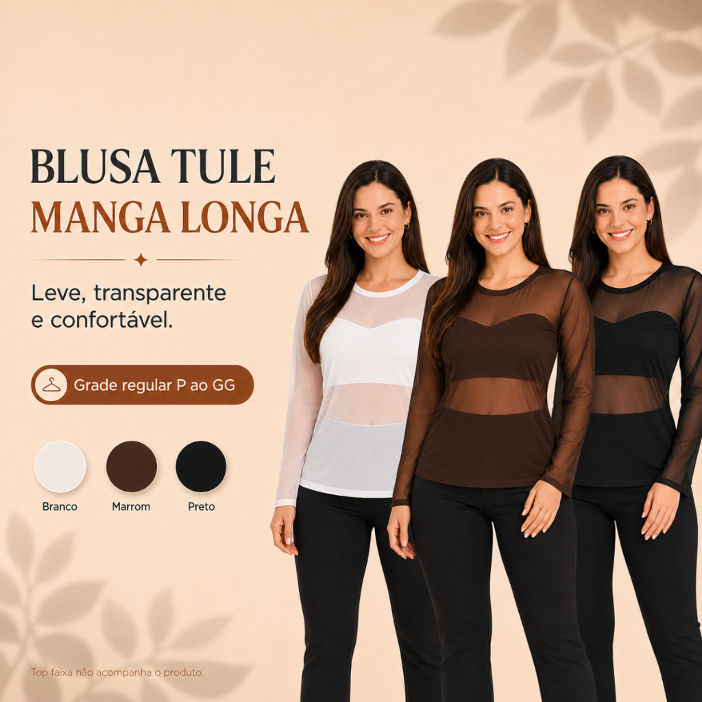 Blusa Tule Manga Longa Transparente Segunda Pele