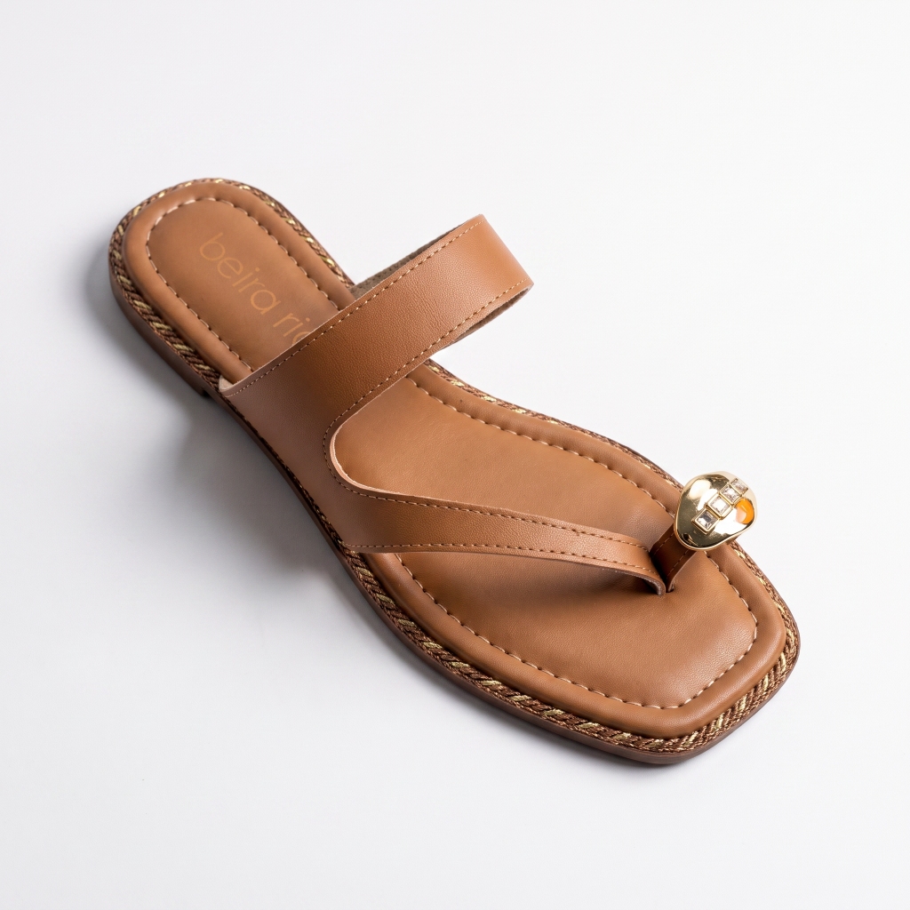 Sandália Rasteira Beira Rio Feminina Confortável Elegante com Detalhe Dourado Casual Moderna