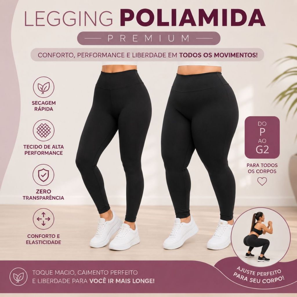 Calça Legging Feminina Fitness Poliamida Premium Zero Transparência Academia Treino