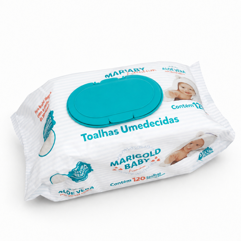 Kit Pacote Lenço Umedecido Hipoalergênico Toalhinha Higiene Bebê Toalha Textura Macia 120 Folhas Marigold Premium