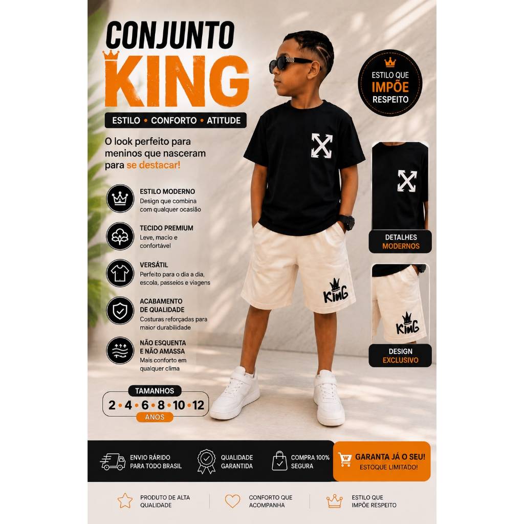Conjunto Infantil de Menino de Verão Estiloso Conjunto Blogueirinho Masculino em Algodão 2 anos até 12 anos