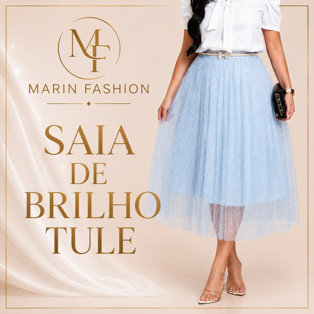 Saia Tule Cristal Midi de Brilho Glitter forrada Moda evangélica Fardamento Festividade Congresso