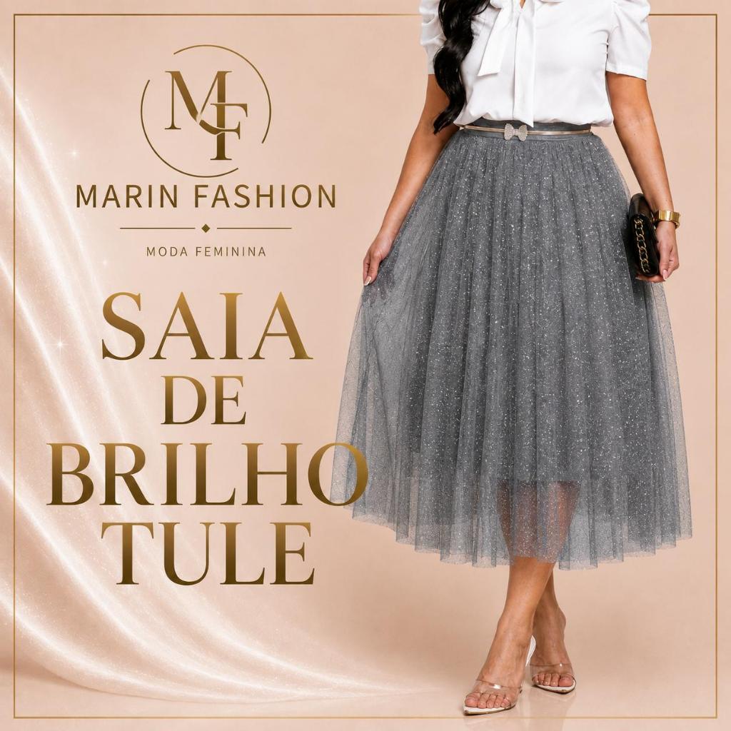 Saia Tule Cristal Midi de Brilho Glitter forrada Moda evangélica Fardamento Festividade Congresso