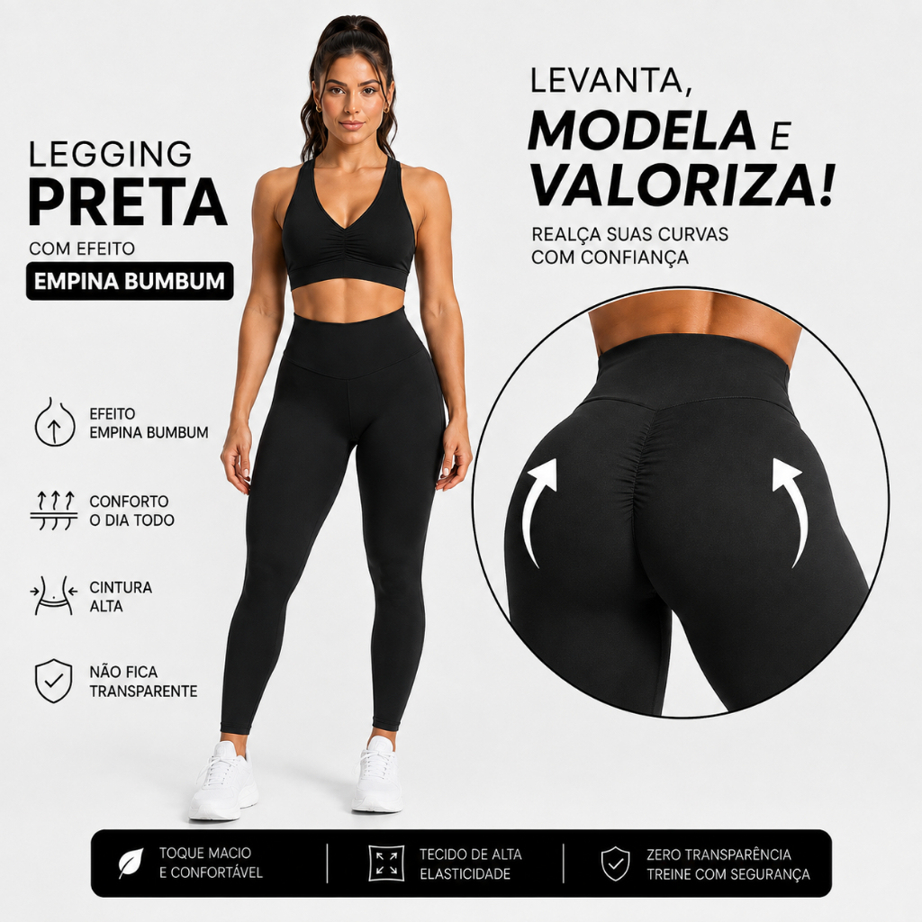 Calça Legging Canelada Preta -  Cintura Alta Com Costura Realça Bumbum para Academia Feminina, Elástica e Fitness