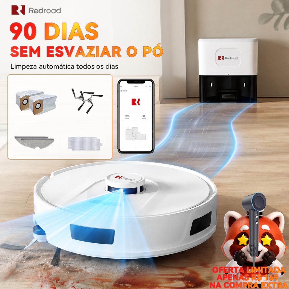 Imagem Robô Varredora Aspirador de Pó Inteligente 20000Pa Autoesvaziável 3 em 1 App e Voz Silencioso Para Pets Redroad R11