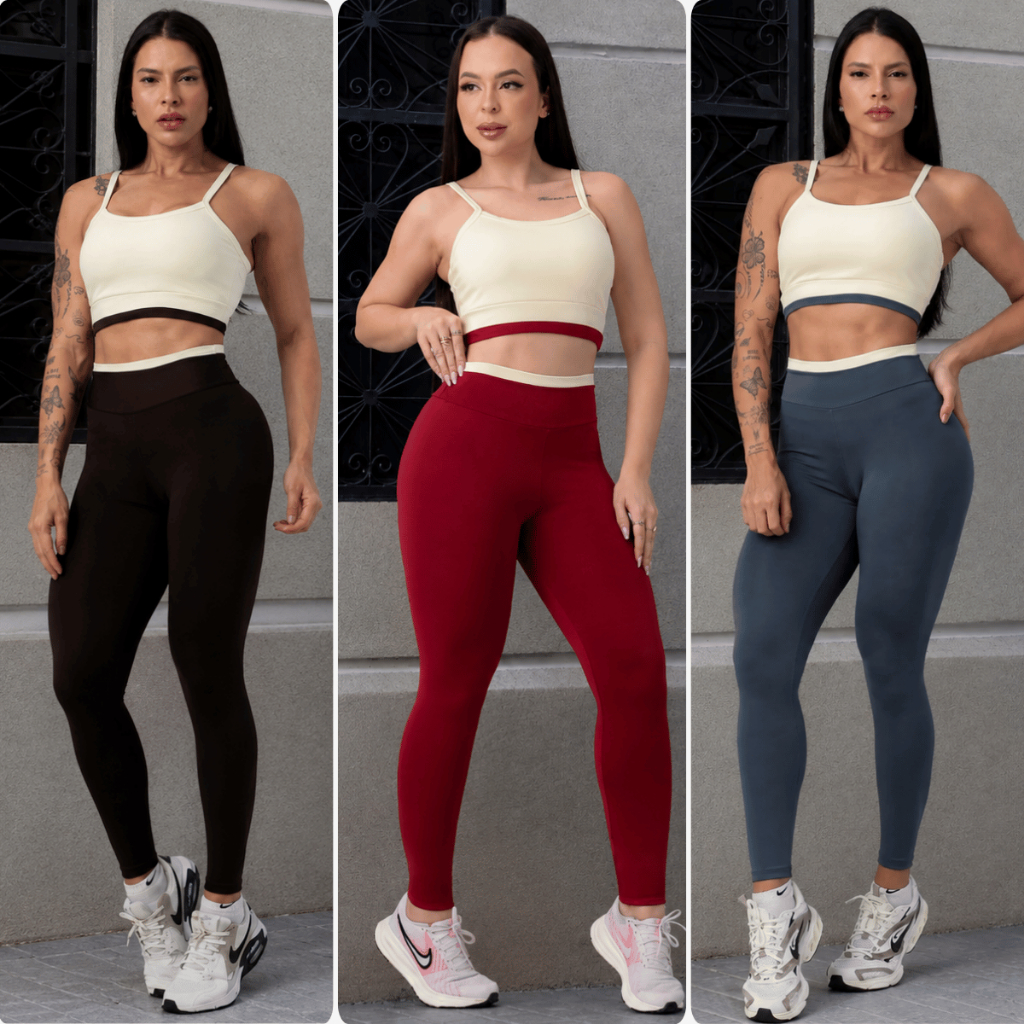 Conjunto Fitness Academia Feminino Calça Legging Cós Alto Top Bicolor Treino Corrida Crossfit