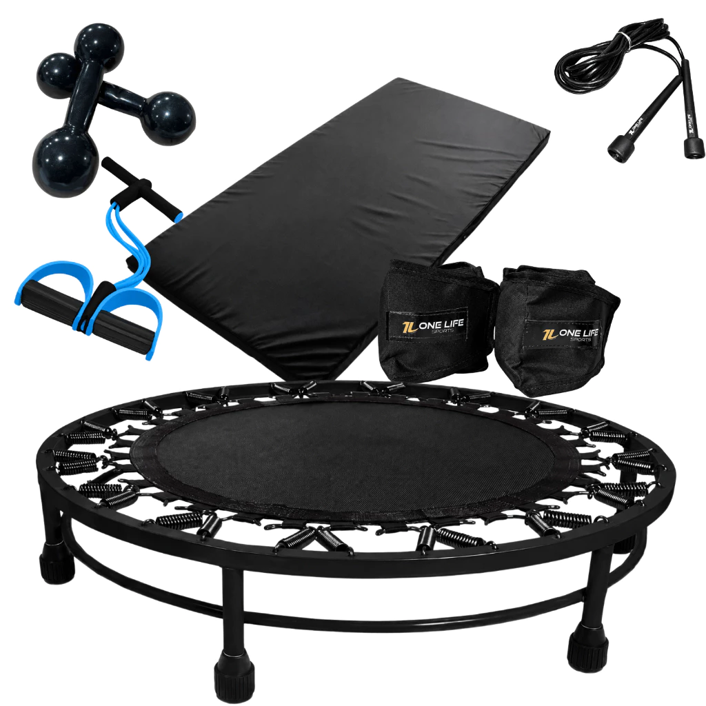 Kit Aeróbico Cama Elástica Caneleiras 2kg Par Halter 2kg Colchonete Impermeavel Extensor — imagem 1
