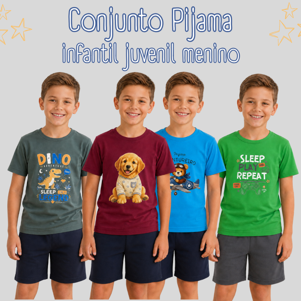 Pijama Menino Infantil Verão Juvenil 100% Algodão Camiseta e Shorts 3640-A