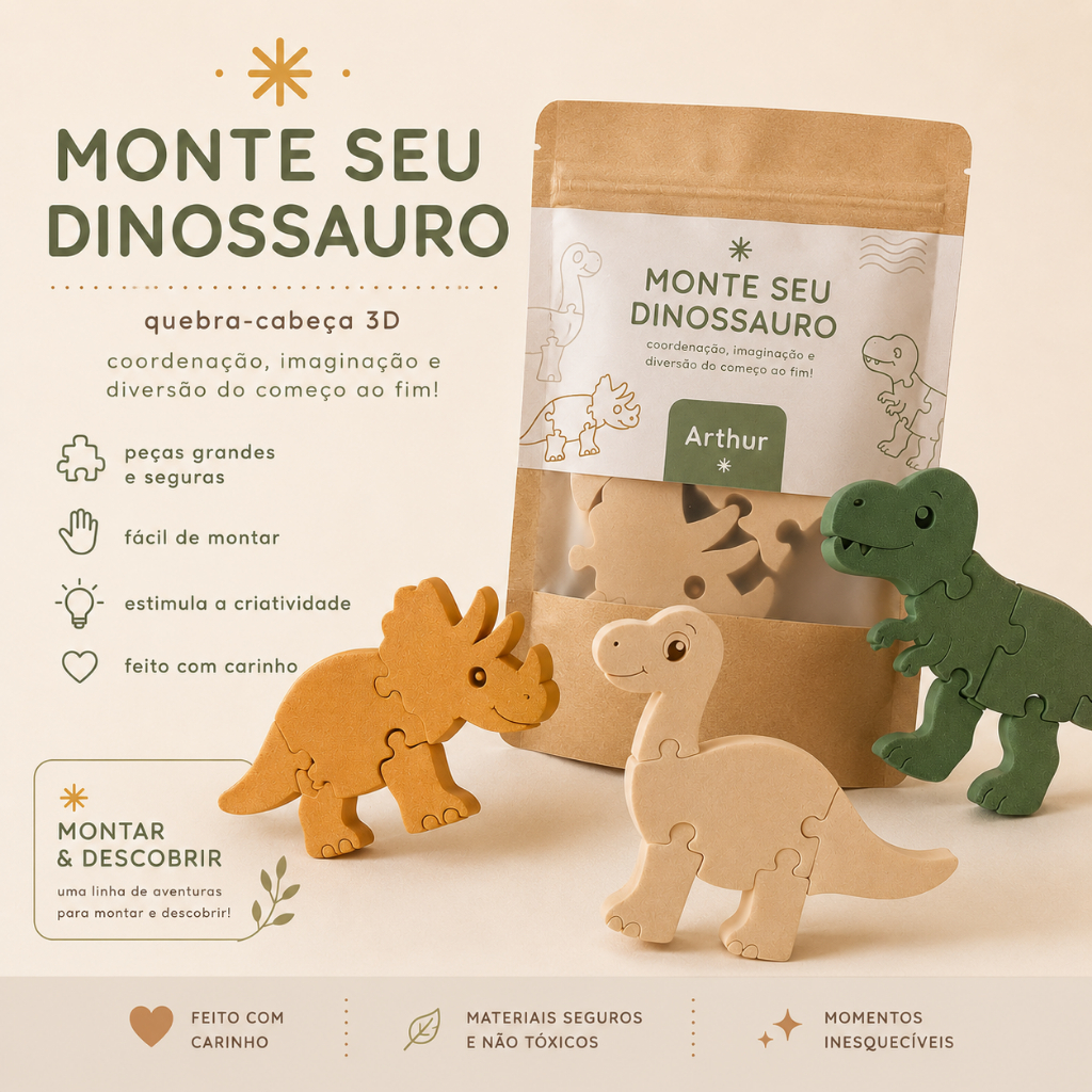 Kit Lembrancinha Criativa Dinossauro 3D Personalizada Festa Infantil Quebra-Cabeça Monte Seu Dinossauro