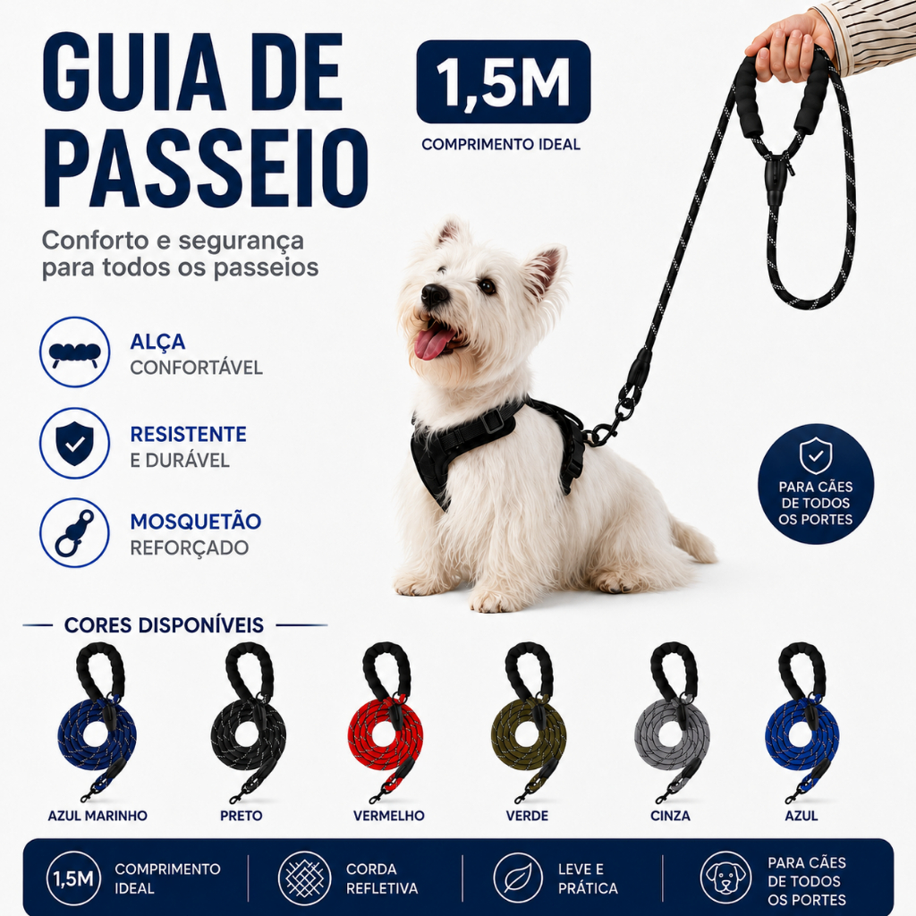 Guia para Cachorro 1,5m Reforçada Refletiva com Alça Confortável e Mosquetão Giratório 360°