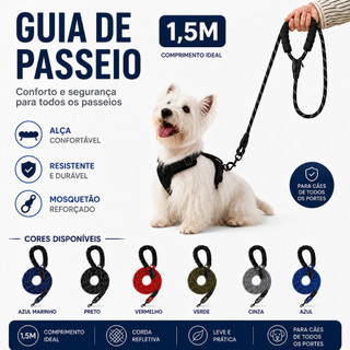 Guia para Cachorro 1,5m Reforçada Refletiva com Alça Confortável e Mosquetão Giratório 360°