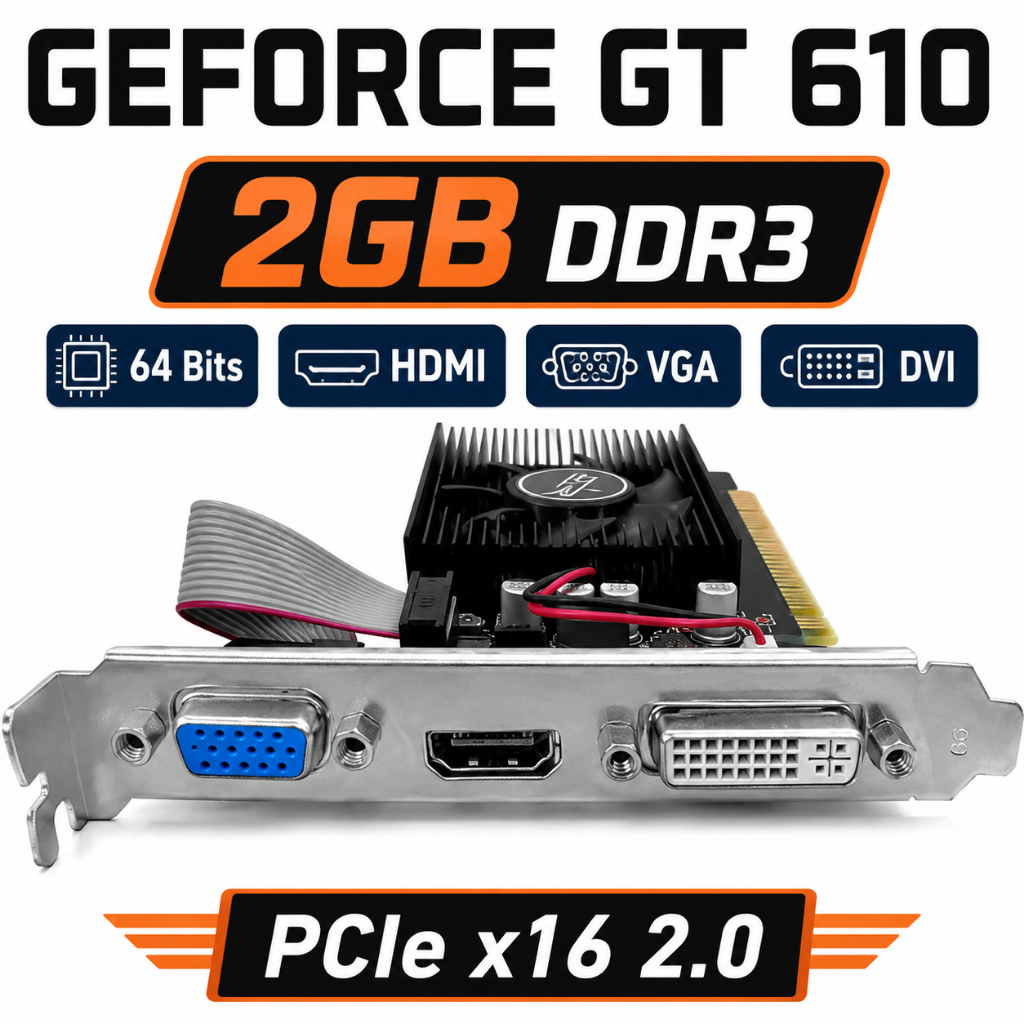 Placa de Vídeo GeForce GT 610 2GB DDR3 64 Bits HDMI VGA DVI PCIe x16 2.0