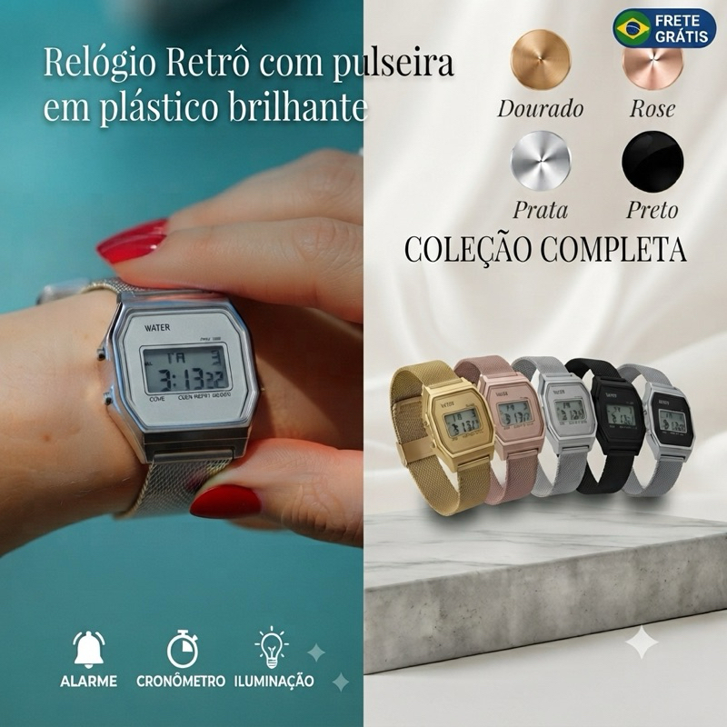 Relógio Digital Retrô Fashion e MINI pulseiras em Plástico brilhante