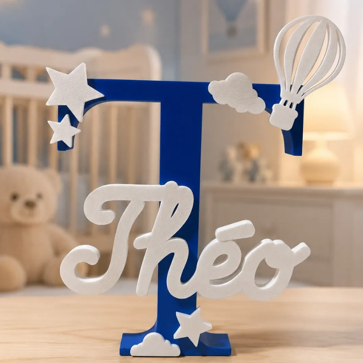 Nome Personalizado 3D com estrelas, balão e nuvens | Letra Inicial + Nome | Decoração Quarto Infantil