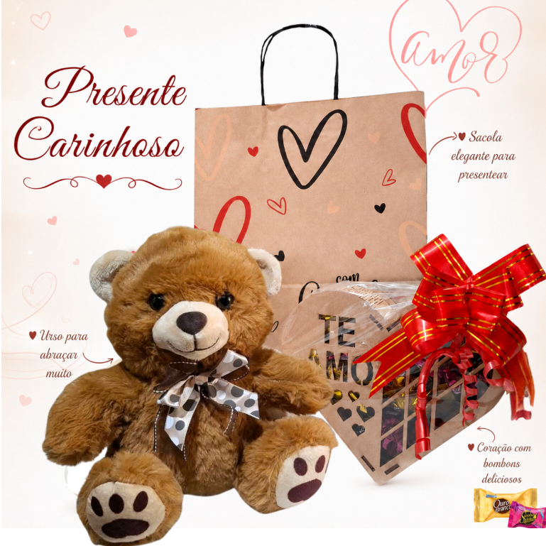Cesta/Kit Presente - Urso Pelucia, Coração MDF e Chocolate - Aniversário/Namorados/Mãe/Professora
