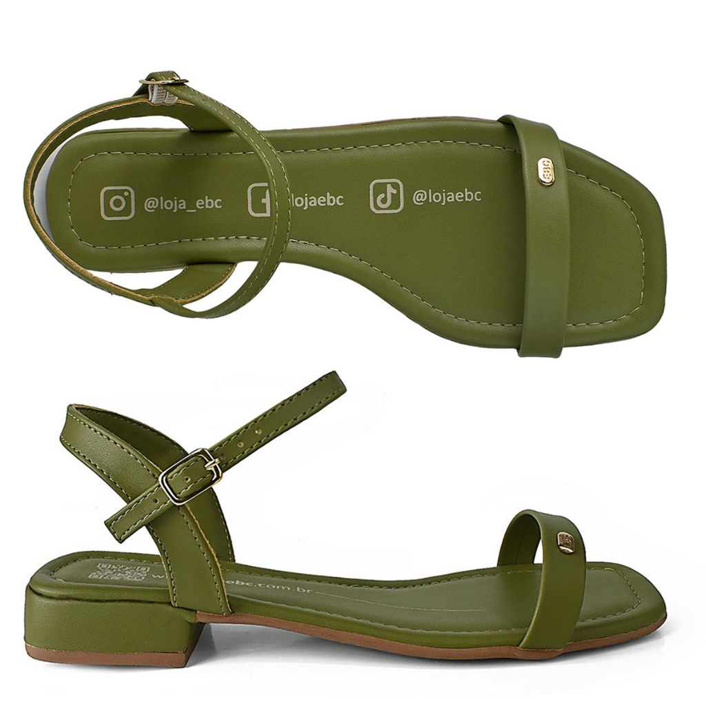 Sandália Feminina Rasteirinha Salto Baixo Saltinho Gladiadora Básica Tira Fina Leve Promoção Barato Verde Militar RS1.03