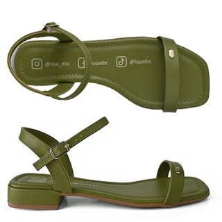 Sandália Feminina Rasteirinha Salto Baixo Saltinho Gladiadora Básica Tira Fina Leve Promoção Barato Verde Militar RS1.03