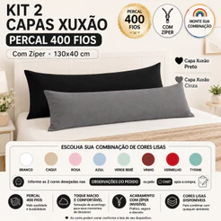 Kit 2 Fronhas Xuxão com zíper, Percal400Fios,Travesseiro de Corpo,Gestante,Grávida, Par Xuxão 130x40