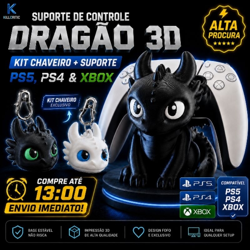 Suporte Controle PS5 Xbox PS4 Banguela Fúria da Luz Dragão 3D Gamer