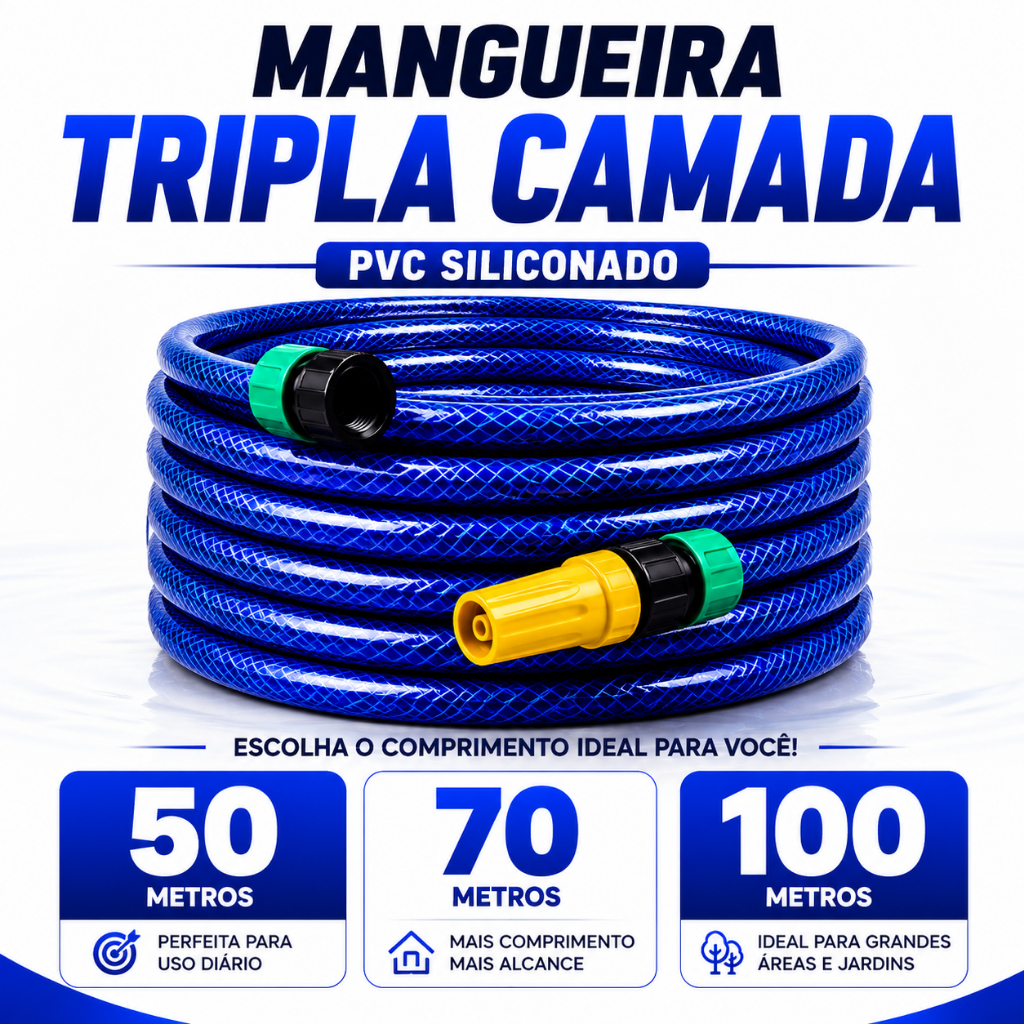 Mangueira de Jardim Trançada Azul Reforçada Tripla Camada 3x 7/16 EcoFlex j7 - 50, 70 e 100 Metros