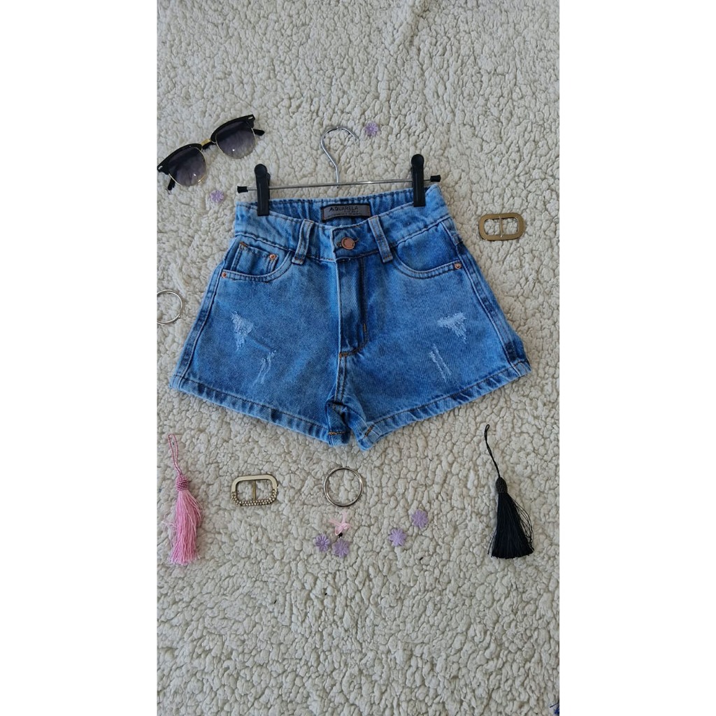 shorts jeans Azul Claro infantil Menina Lavagem Marmorizada 100% Algodão