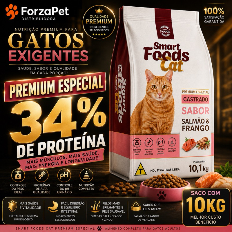 Ração Para Gatos Castrados Smart Cat Premium 34% Proteína Salmão e Frango 10kg