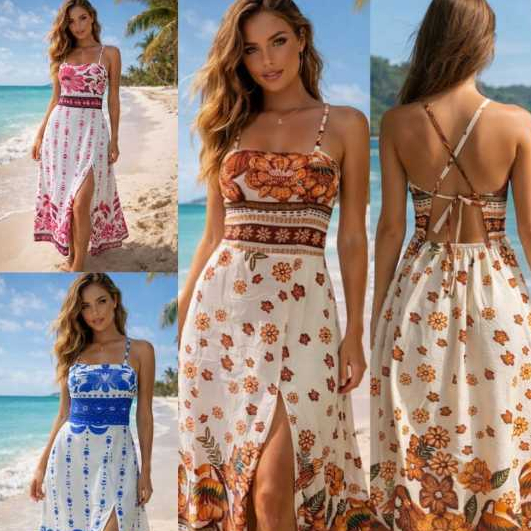 Vestido longo elegante estampa tropical
