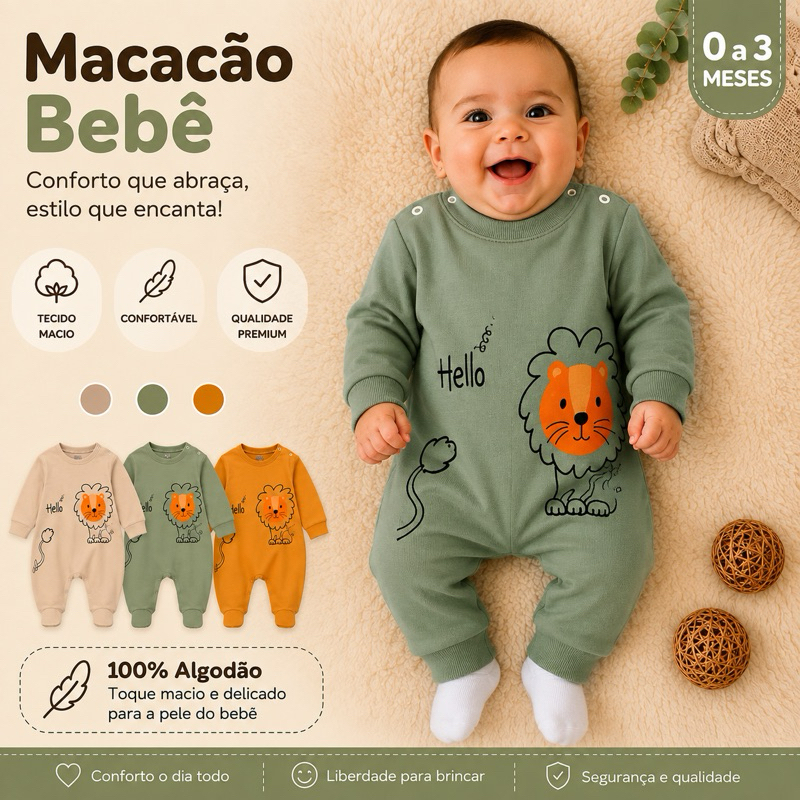 Macacão bebê coleção Safari menino vira pé recém nascido para enxoval