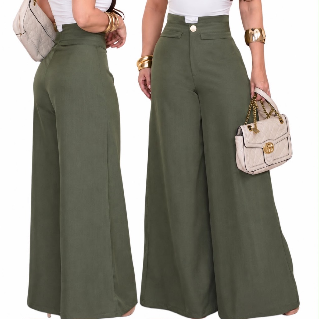 Calça Pantalona Moda Feminina Cintura Alta com Botão e Ziper Frontal Vista-se Com Elegância e Conforto