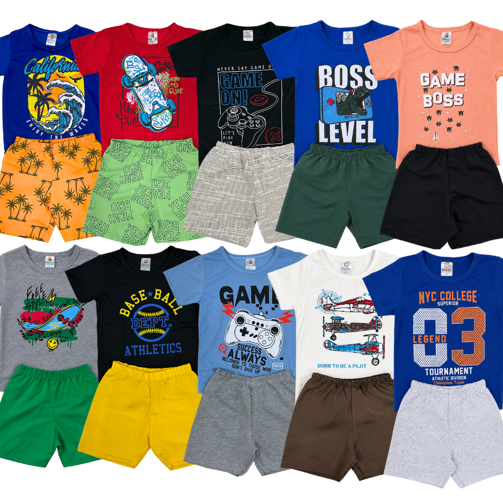 Kit 6 ou 10 Peças Roupa Infantil Menino Verão Sortido Estampado Camiseta + Shorts 3 ou 5 Conjuntos