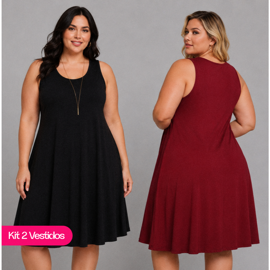 Kit 2 Vestidos Alcinha Feminino Gola Redonda Plus Size Soltinho Verão Gestante Viscolycra P ao G3