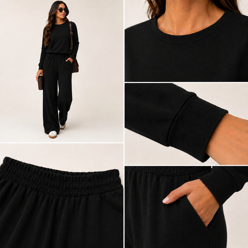 Conjunto Feminino Moletinho Lanzinha Inverno Manga Longa Bolso Calça Pantalona Casual Elegante Confortável